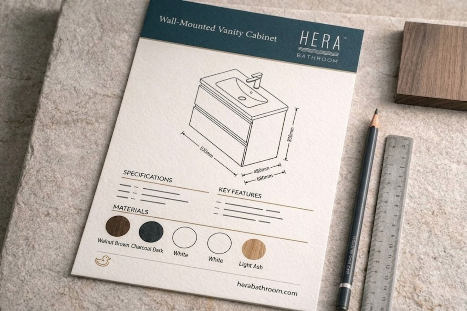 HERA bathroom product specification sheet with line drawing and colour swatches